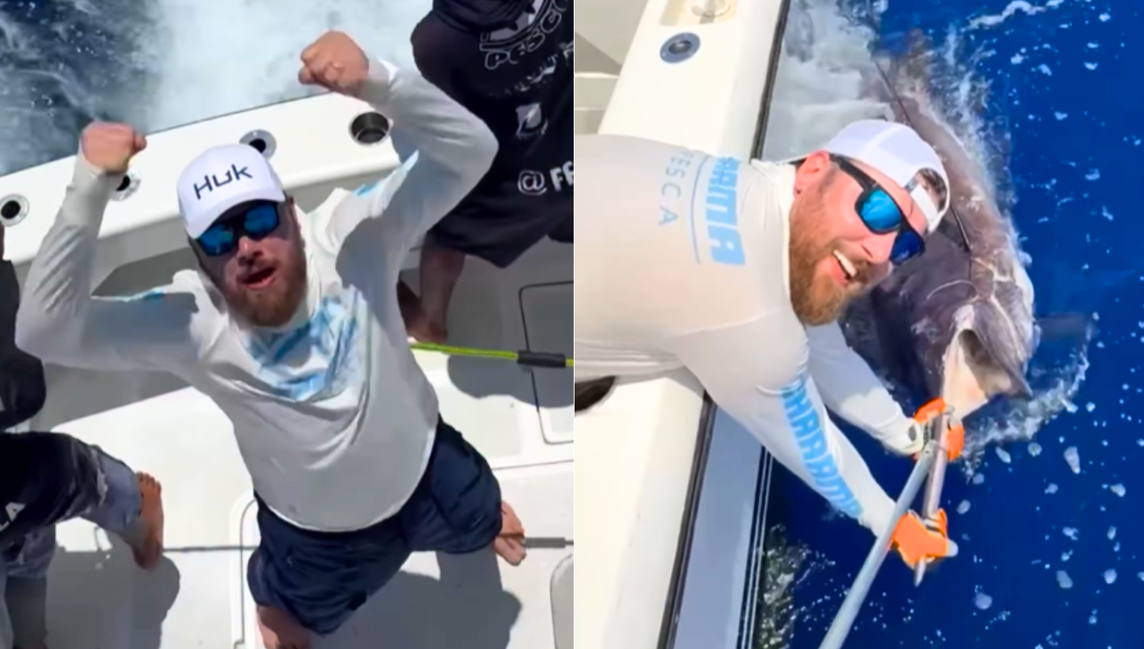 Zé Neto pesca peixe de mais de 3 metros e quase 300 kg, um marlin-azul