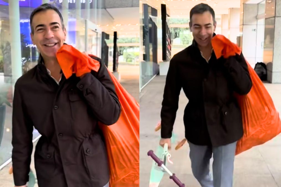 César Tralli doa saco de brinquedos aos colegas de trabalho